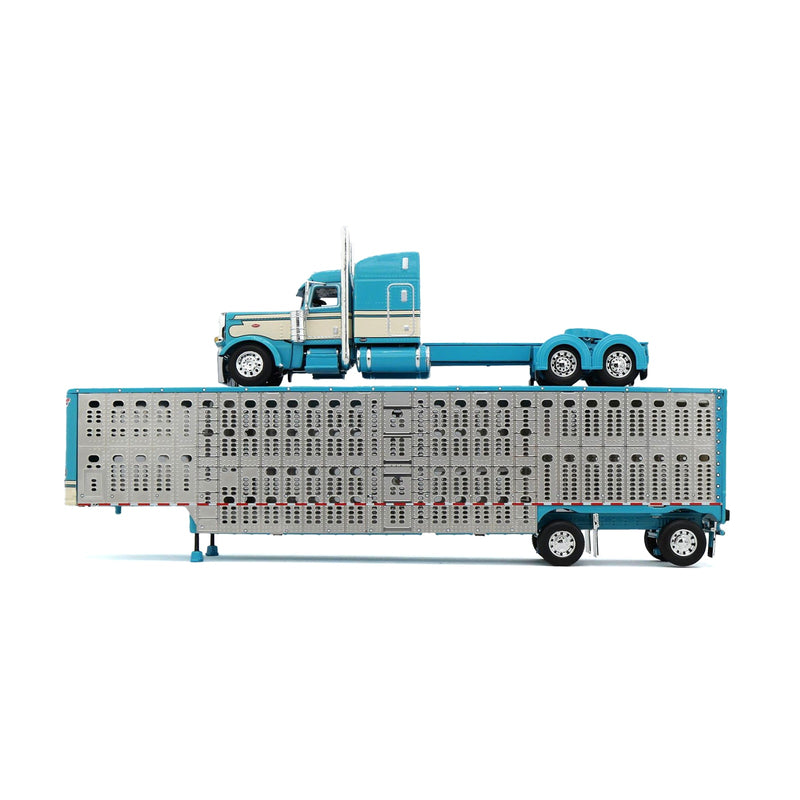 1/64 Turquoise & Cream Peterbilt 389 Semi Truck with Silver Wilson Silverstar Livestock Trailer, DCP by First Gear