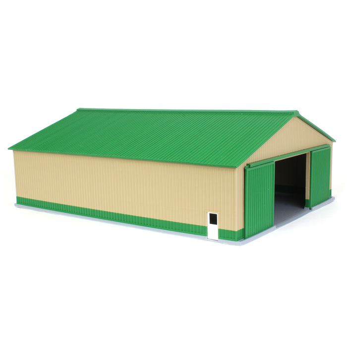 1/64 "The Professional" Tan/Green 60ft x 80ft Machine & Farm Shed w/ Sliding Doors, 3D Printed