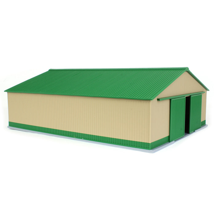1/64 "The Professional" Tan/Green 60ft x 80ft Machine & Farm Shed w/ Sliding Doors, 3D Printed