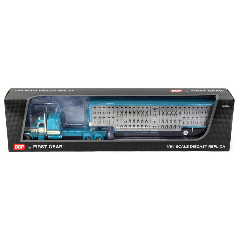 1/64 Turquoise & Cream Peterbilt 389 Semi Truck with Silver Wilson Silverstar Livestock Trailer, DCP by First Gear