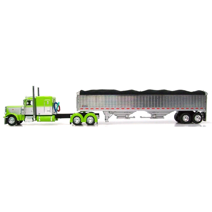 1/64 Lime Green & Silver Peterbilt 389 63in Flattop with 43ft Wilson Pacesetter Grain Trailer, DCP by First Gear