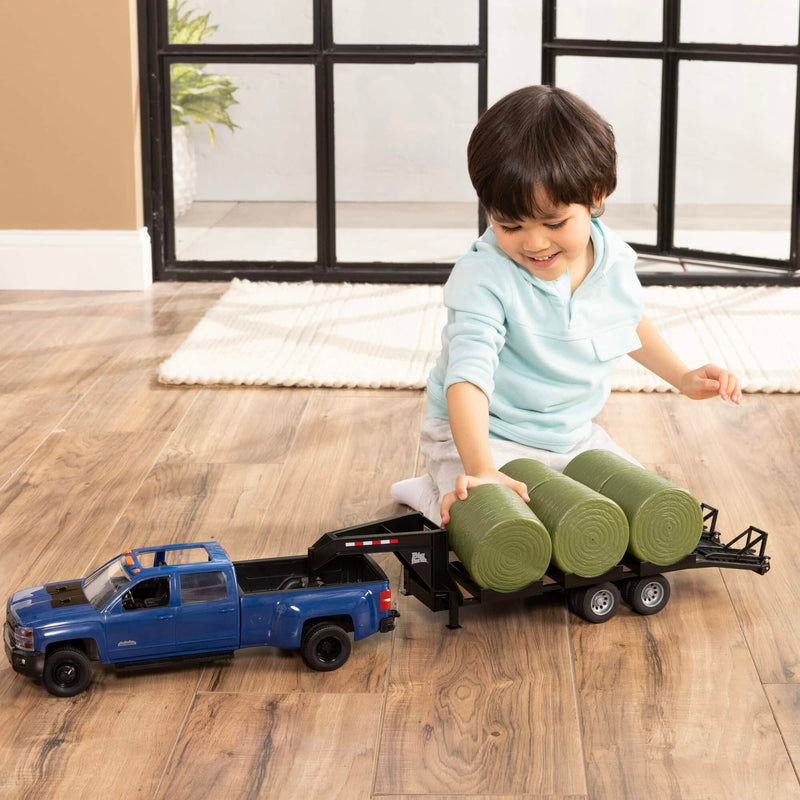 (B&D) 1/16 ERTL Big Farm Blue Chevrolet Pickup Truck with Trailer & 6 Round Bales - Damaged Item