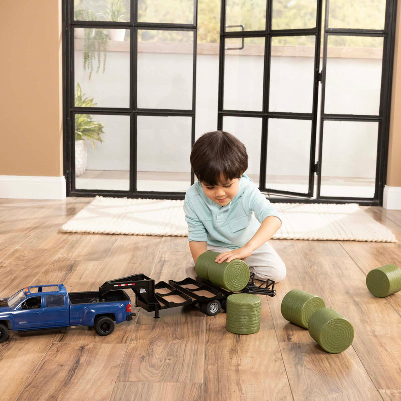 1/16 Big Farm Chevy 3500 High Country Dually Pickup Truck with Gooseneck Trailer & 6 Round Bales