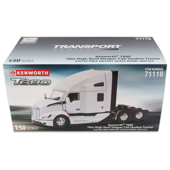 1/50 Pearl White Kenworth T680 76in High-Roof Sleeper Cab Tandem Tractor by Diecast Masters