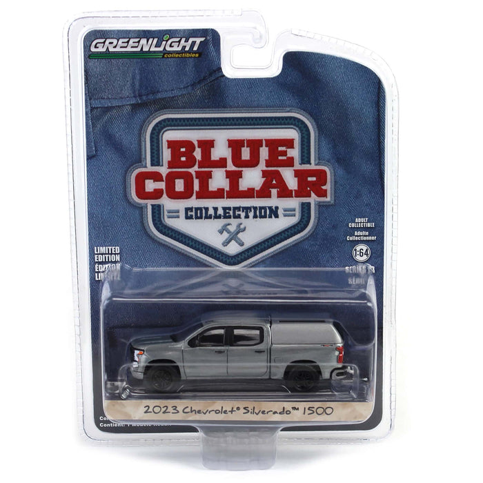 Raw Chase Unit ~ 1/64 2023 Chevrolet Silverado 1500 Custom with Camper Shell, Sterling Gray, Blue Collar Series 13