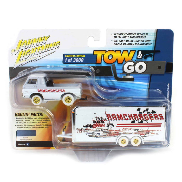 White Lightning ~ 1/64 1965 Dodge A-100 Pickup with Enclosed Trailer, Ramchargers, Johnny Lightning Tow & Go
