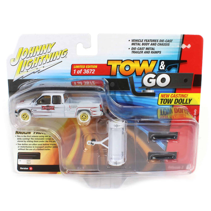 White Lightning ~ 1/64 2022 Chevrolet Silverado with Tow Dolly, Hot Rod Customs, Johnny Lightning Tow & Go