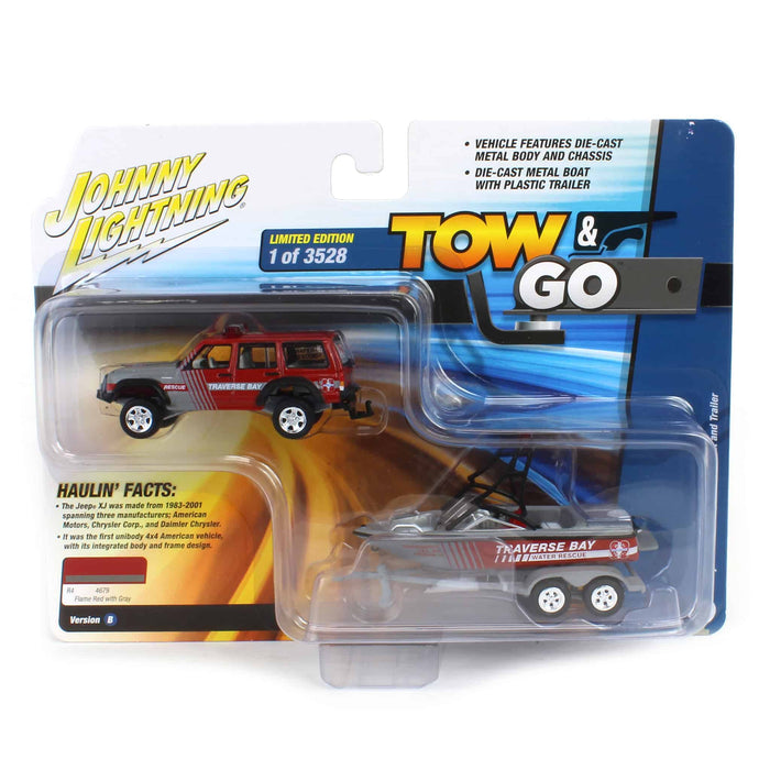 1/64 Jeep Cherokee XJ with Boat & Trailer, Traverse Bay Water Rescue, Johnny Lightning Tow & Go