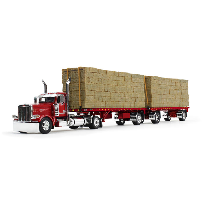1/64 Viper Red Peterbilt 389 Day Cab with Utility Dual Flatbeds & Hay Load, DCP by First Gear