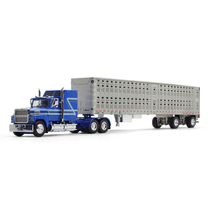1/64 Blue Ford LTL 9000 60in Aerodyne Sleeper with Wilson Stockmaster PSAL Livestock Trailer, DCP by First Gear