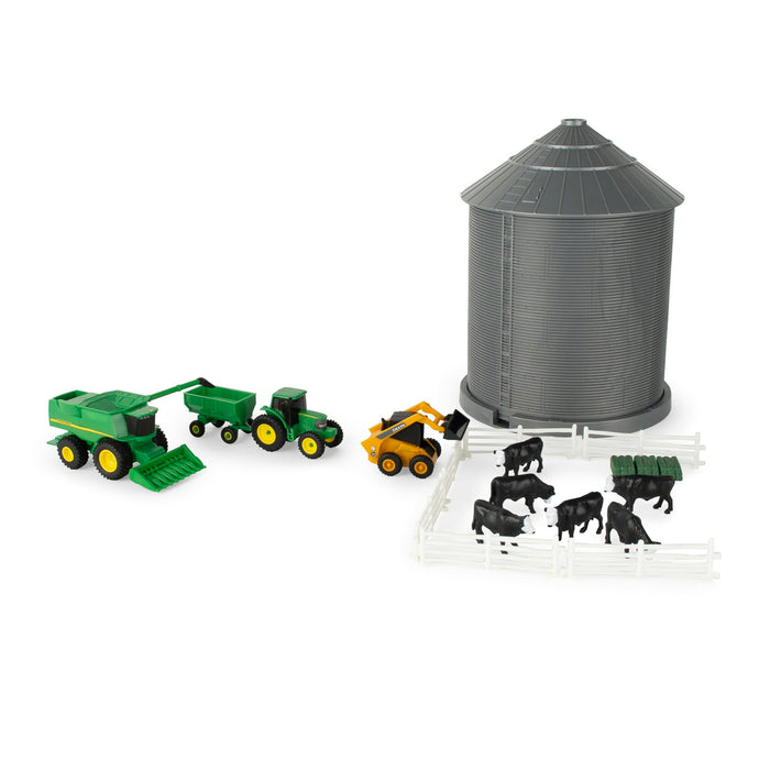 1/64 Big Farm 20-Piece Grain Bin Set with John Deere Combine, Tractor & Skid Steer