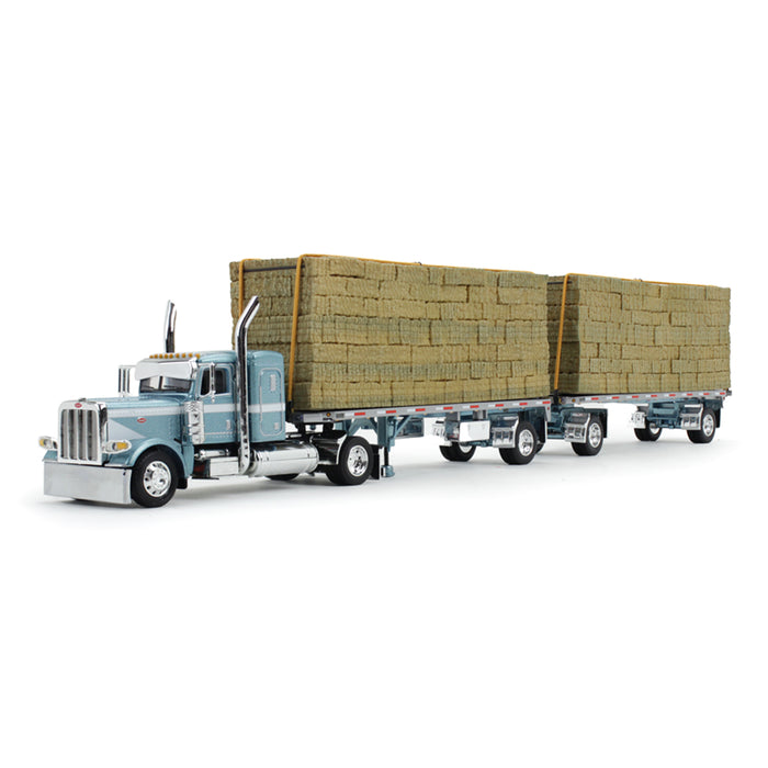 1/64 Pacific Blue Peterbilt 389 36in Flattop with Utility Dual Flatbeds & Hay Load, DCP by First Gear