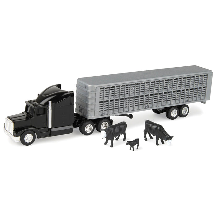 1/64 Black Semi Truck with Cattle Trailer and Cattle by ERTL