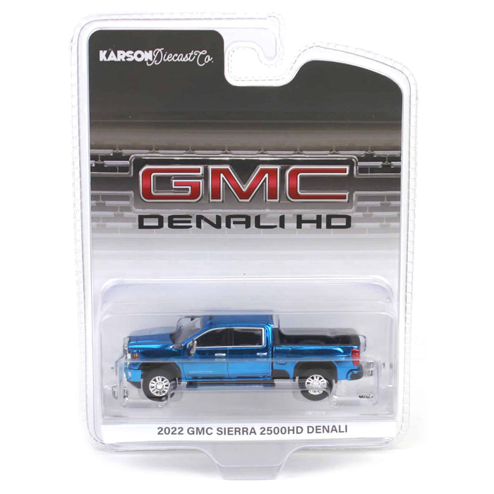 Blue Chrome Chase Unit ~ 1/64 2022 GMC Sierra 2500 Denali, Karson Diecast Exclusive