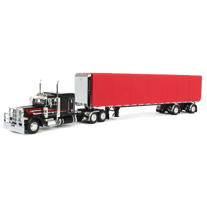 1/64 Black & Red Peterbilt 379 63in Flattop Sleeper with 53ft Utility Roll Tarp Trailer, DCP by First Gear