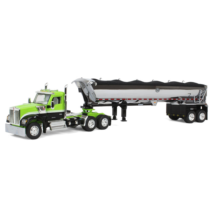 1/64 Lime Green & Black Kenworth W990 Day Cab with MAC Half Round End Dump Trailer, DCP by First Gear