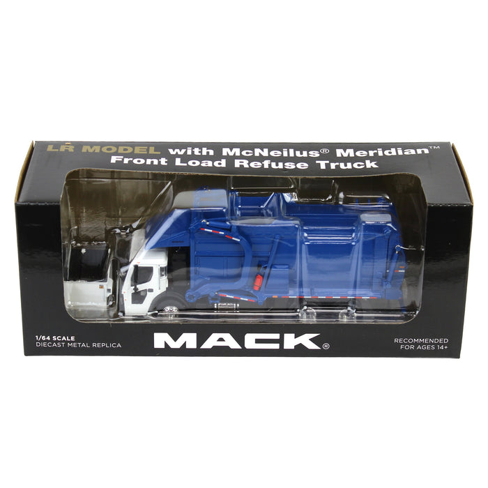 1/64 White & Blue Mack LR w/ McNeilus Meridian FEL Refuse Body & Refuse Bin, DCP by First Gear