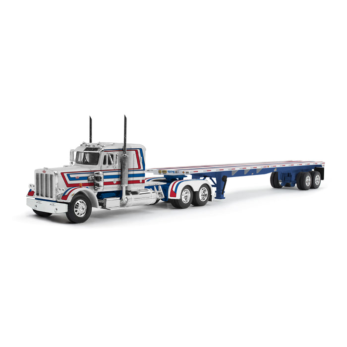1/64 Peterbilt 359 with 48ft Utility Flatbed Trailer, USA Bicentennial Patriot, DCP by First Gear