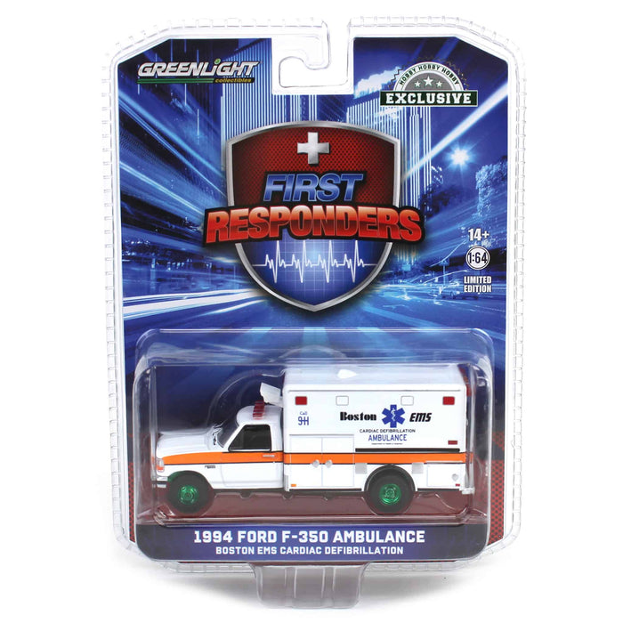 Green Machine ~ 1/64 1994 Ford F-350 Ambulance, Boston EMS Cardiac Defibrillation, Hobby Exclusive