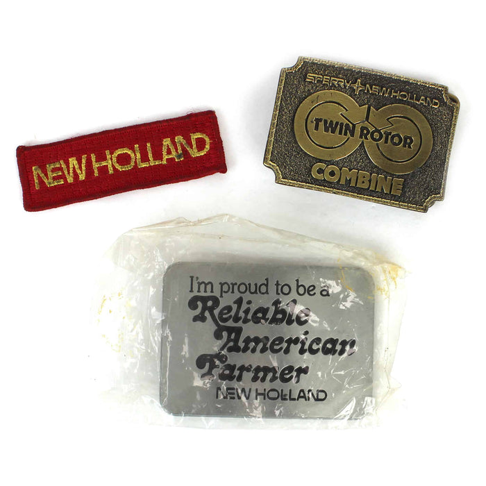 Lot of (2) Belt Buckles and (1) New Holland Patch