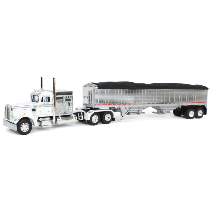 1/64 White/Chrome Peterbilt 359 60in Vintage Sleeper w/ Wilson High Side Grain Trailer, DCP by First Gear