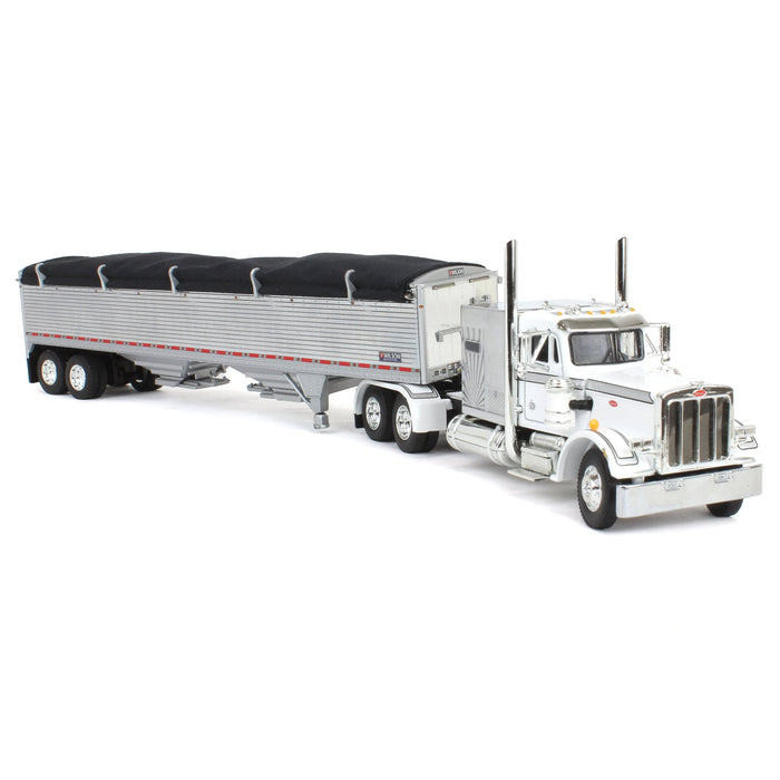 1/64 White/Chrome Peterbilt 359 60in Vintage Sleeper w/ Wilson High Side Grain Trailer, DCP by First Gear