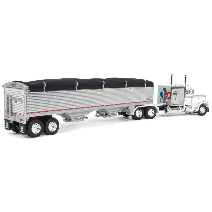 1/64 White/Chrome Peterbilt 359 60in Vintage Sleeper w/ Wilson High Side Grain Trailer, DCP by First Gear