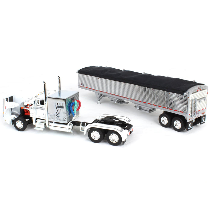 1/64 White/Chrome Peterbilt 359 60in Vintage Sleeper w/ Wilson High Side Grain Trailer, DCP by First Gear