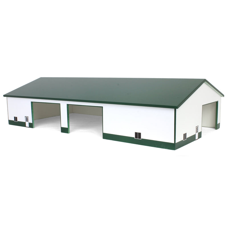 1/64 White & Forest Green 60ft x 120ft Wooden Implement Shed with Double Side Doors