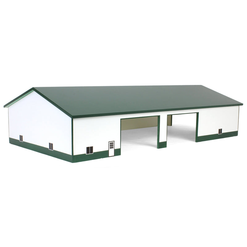 1/64 White & Forest Green 60ft x 120ft Wooden Implement Shed with Double Side Doors