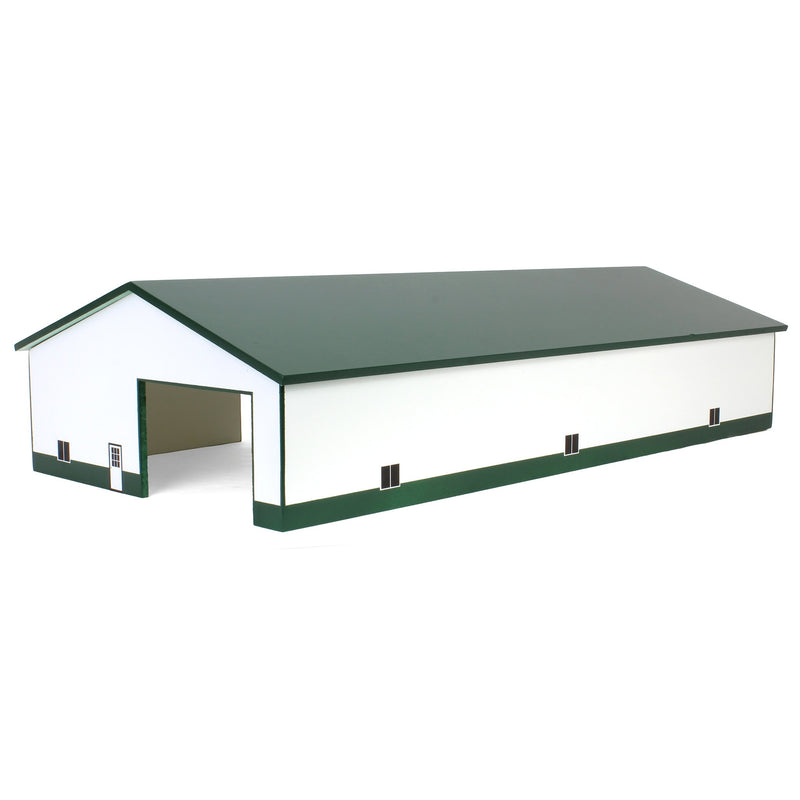 1/64 White & Forest Green 60ft x 120ft Wooden Implement Shed with Double Side Doors