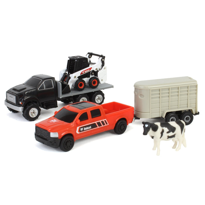 (B&D) 1/64 Bobcat 5 Piece Construction Set with Rollback, Livestock Trailer, Cow & More! - Damaged Item