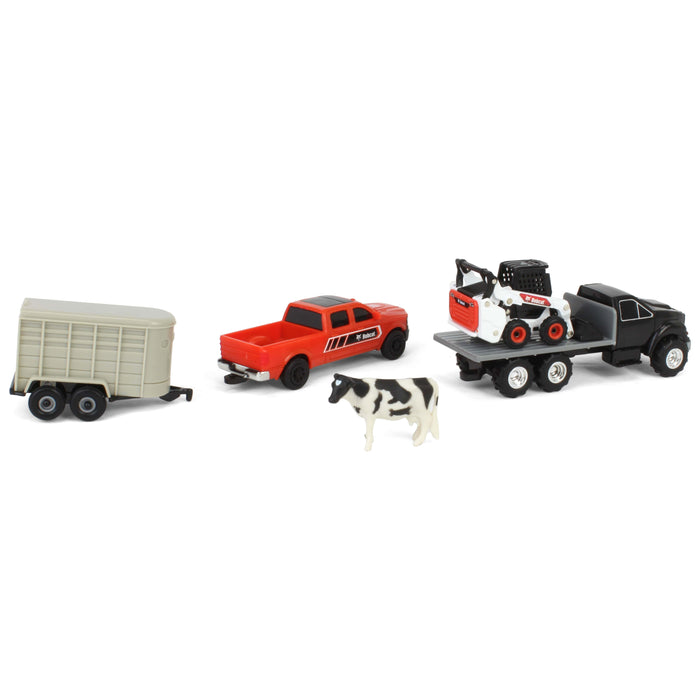 (B&D) 1/64 Bobcat 5 Piece Construction Set with Rollback, Livestock Trailer, Cow & More! - Damaged Item