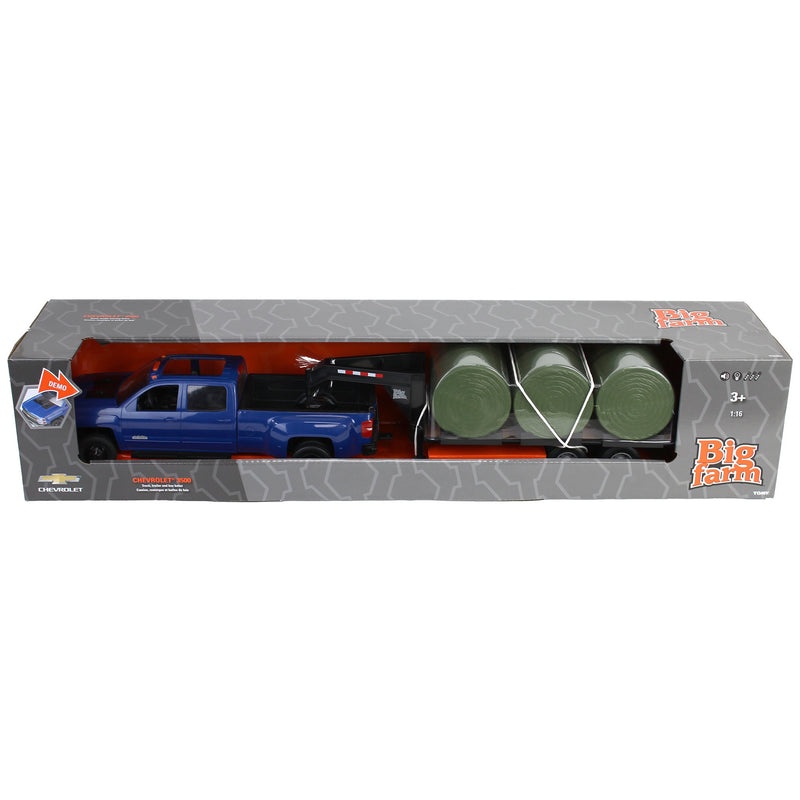 (B&D) 1/16 ERTL Big Farm Blue Chevrolet Pickup Truck with Trailer & 6 Round Bales - Damaged Item