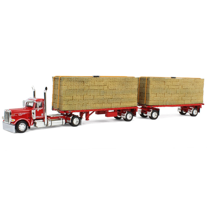 1/64 Viper Red Peterbilt 389 Day Cab with Utility Dual Flatbeds & Hay Load, DCP by First Gear