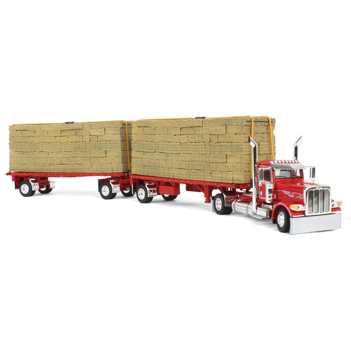 1/64 Viper Red Peterbilt 389 Day Cab with Utility Dual Flatbeds & Hay Load, DCP by First Gear