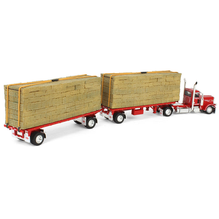 1/64 Viper Red Peterbilt 389 Day Cab with Utility Dual Flatbeds & Hay Load, DCP by First Gear