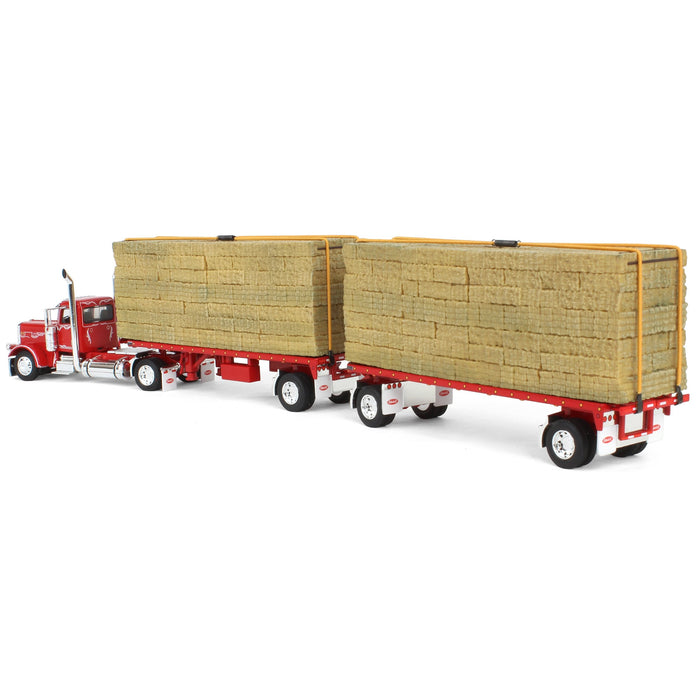 1/64 Viper Red Peterbilt 389 Day Cab with Utility Dual Flatbeds & Hay Load, DCP by First Gear