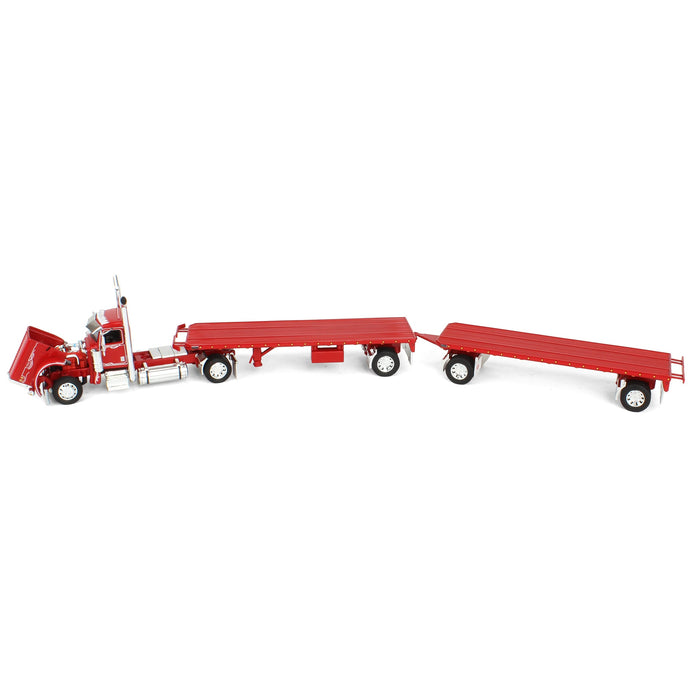 1/64 Viper Red Peterbilt 389 Day Cab with Utility Dual Flatbeds & Hay Load, DCP by First Gear