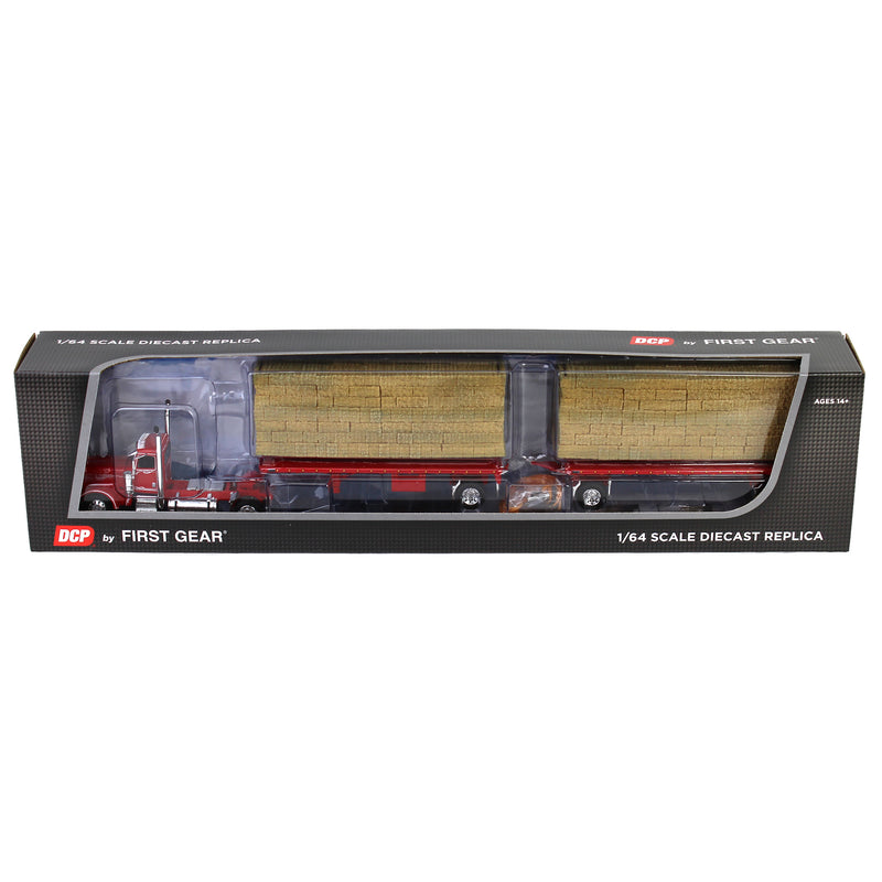 1/64 Viper Red Peterbilt 389 Day Cab with Utility Dual Flatbeds & Hay Load, DCP by First Gear