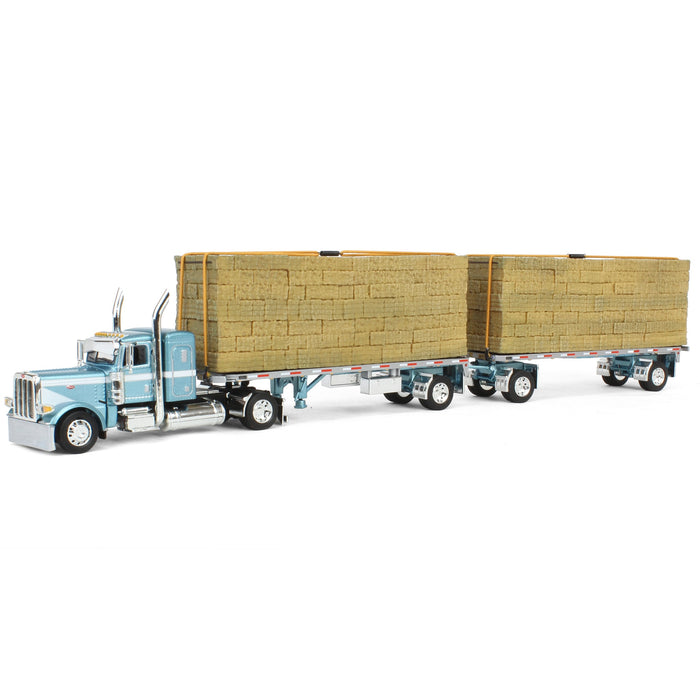 1/64 Pacific Blue Peterbilt 389 36in Flattop with Utility Dual Flatbeds & Hay Load, DCP by First Gear