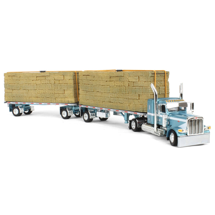 1/64 Pacific Blue Peterbilt 389 36in Flattop with Utility Dual Flatbeds & Hay Load, DCP by First Gear