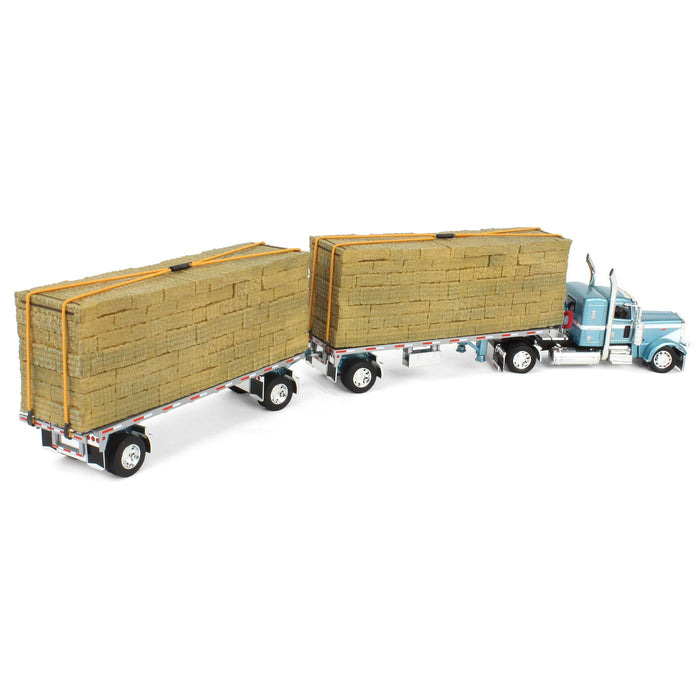 1/64 Pacific Blue Peterbilt 389 36in Flattop with Utility Dual Flatbeds & Hay Load, DCP by First Gear