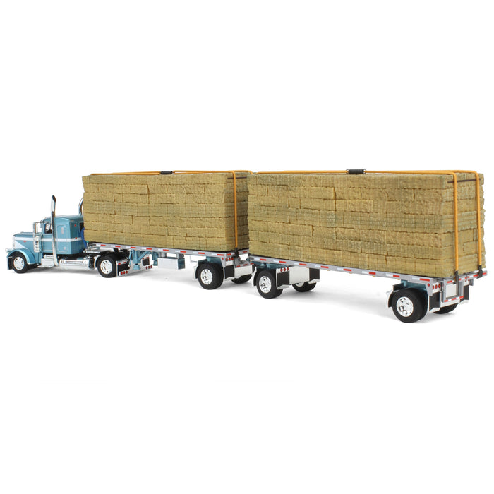 1/64 Pacific Blue Peterbilt 389 36in Flattop with Utility Dual Flatbeds & Hay Load, DCP by First Gear