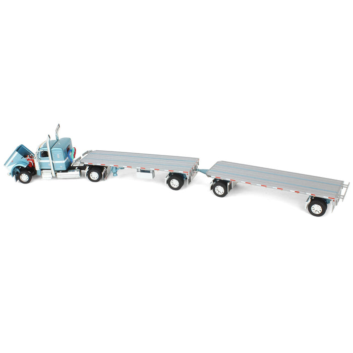 1/64 Pacific Blue Peterbilt 389 36in Flattop with Utility Dual Flatbeds & Hay Load, DCP by First Gear