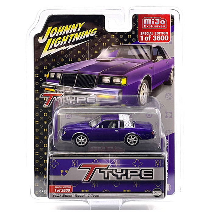 1/64 Johnny Lightning 1987 Buick Regal T-Type Custom, Metallic Purple with White Top, Mijo Exclusive