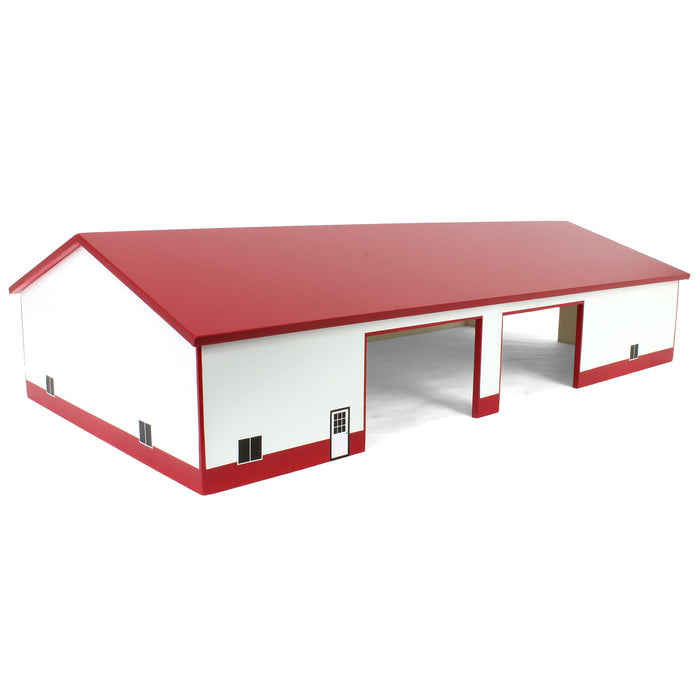 1/64 Red & White 60ft x 120ft Wooden Implement Shed with Double Side Doors