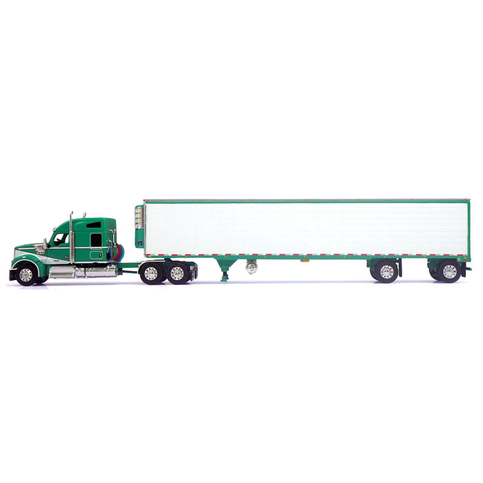 1/64 Green & White Kenworth W990 with Spread Axle Reefer Trailer, DCP by First Gear