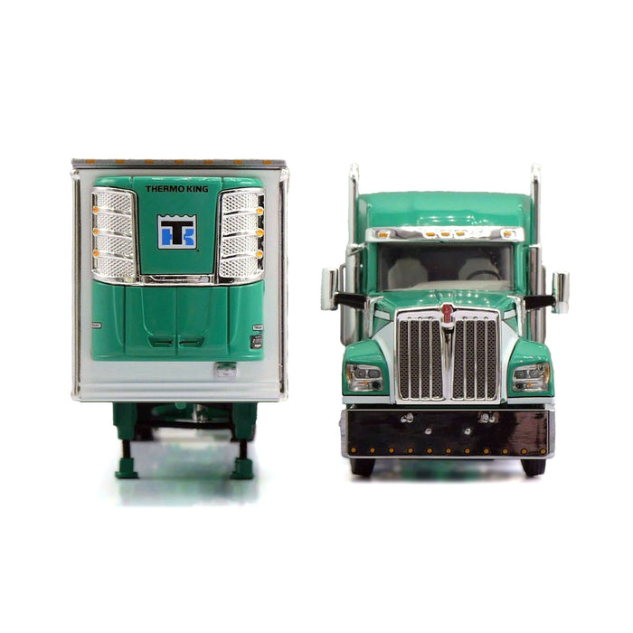 1/64 Green & White Kenworth W990 with Spread Axle Reefer Trailer, DCP by First Gear