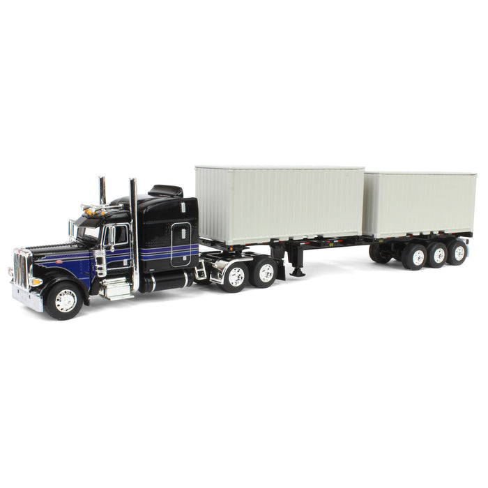 1/64 Jet Black Peterbilt 389 63in Mid-Roof Sleeper w/ Container Chassis & Two 20ft Containers, DCP by First Gear